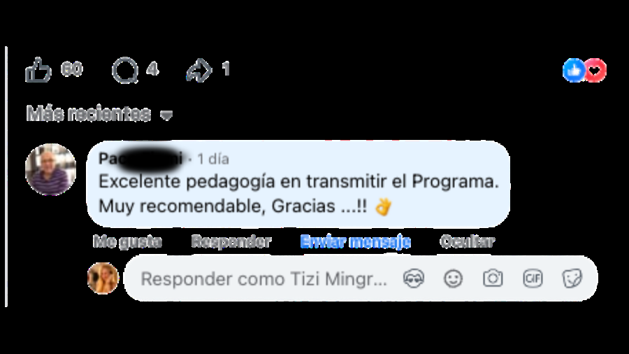 Comentario de un alumno (Francisco): Excelente pedagogía en transmitir el Programa. Muy recomendable, Gracias...!!